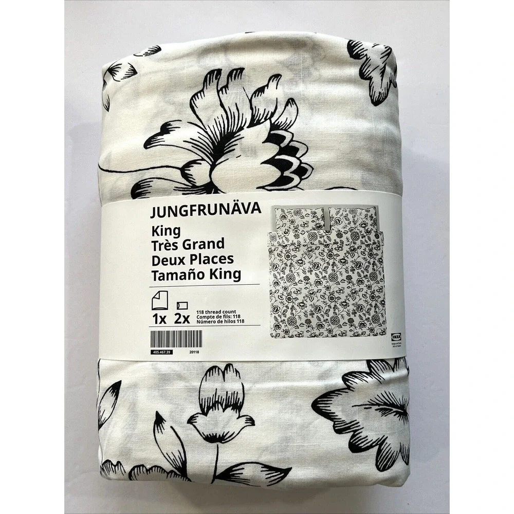 Ikea JUNGFRUNAVA King Duvet Cover + 2 Pillowcases Set White/Gray Floral